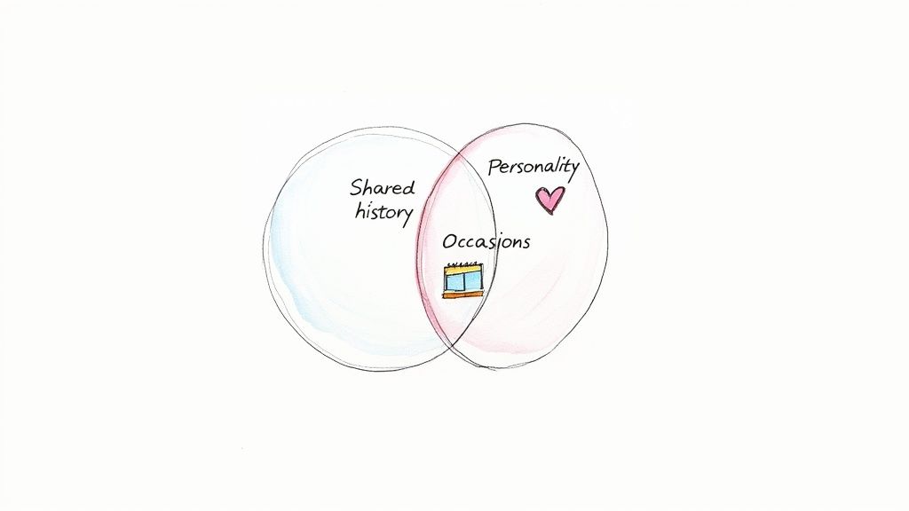A Venn diagram illustrating shared history and personality overlapping with occasions and a heart.