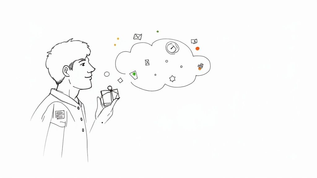 A smiling man holds a small gift box, with a thought bubble of digital icons and notifications.
