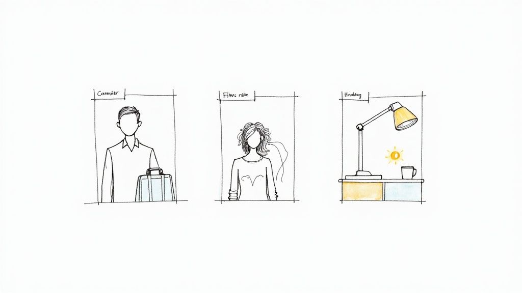Three simple hand-drawn illustrations depicting a commuter, leisure role, and an everyday desk scene.