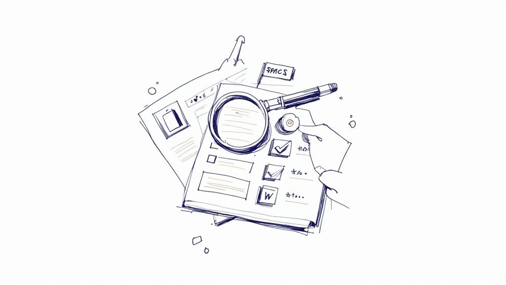 A sketch shows a magnifying glass, pen, and hand over documents, reviewing a checklist with 'SPACS' flag.