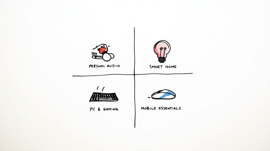 A quadrant chart illustrating four tech gift categories: personal audio, smart home, PC & gaming, and mobile essentials.