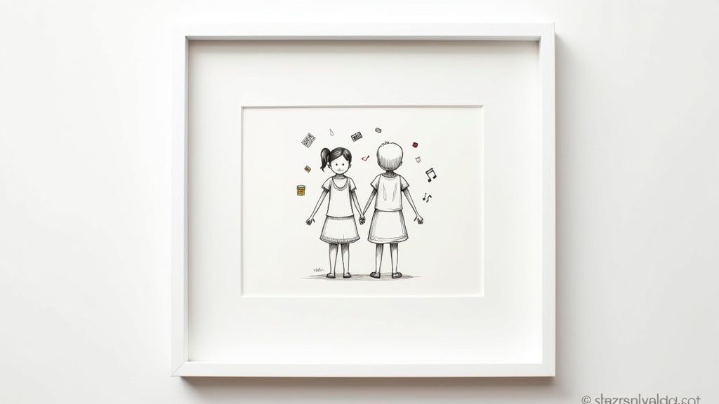 A white framed sketch of two cartoon children holding hands, surrounded by music notes and books.