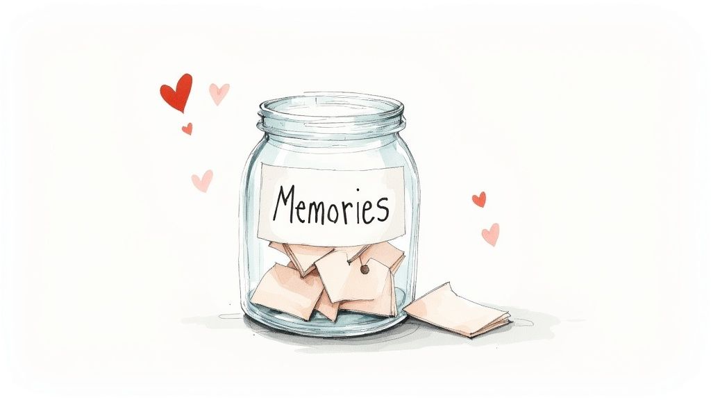 Watercolor illustration of a glass jar labeled 'Memories' holding folded papers, with floating hearts.