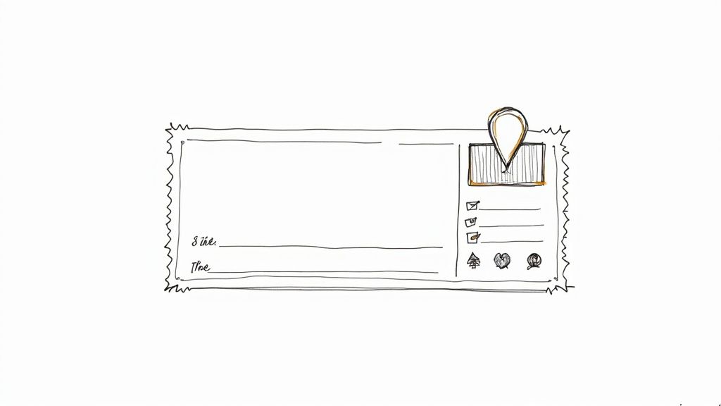 Hand-drawn sketch of a personalized card featuring a location pin, checkboxes, and icons.