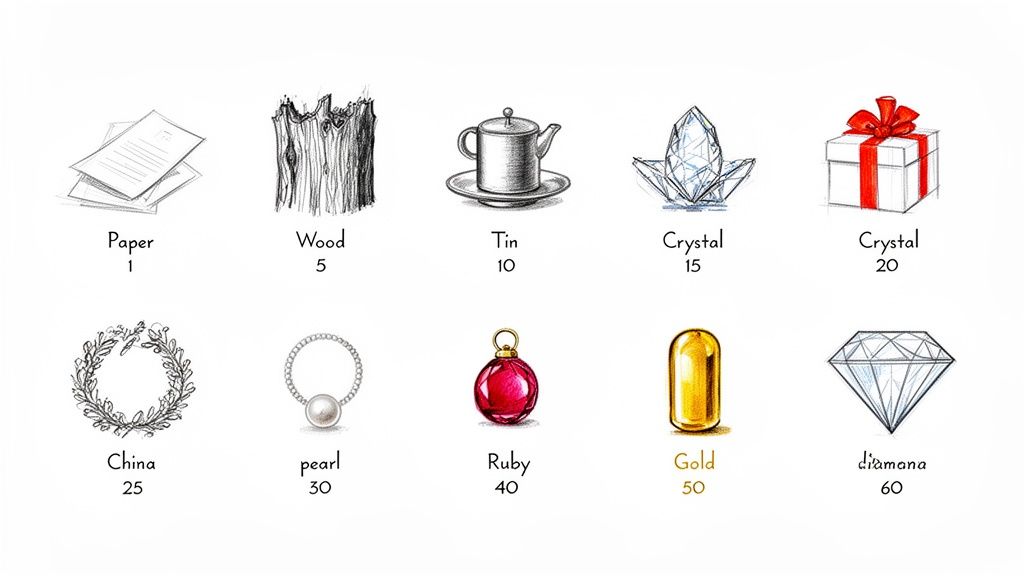A grid displaying traditional wedding anniversary gifts, from paper (1 year) to diamond (60 years), with illustrations.