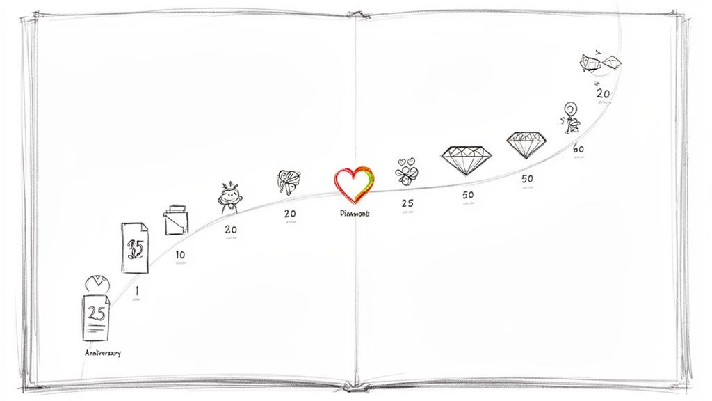 A hand-drawn timeline illustrating traditional wedding anniversary gifts and milestones from 1 to 60 years.