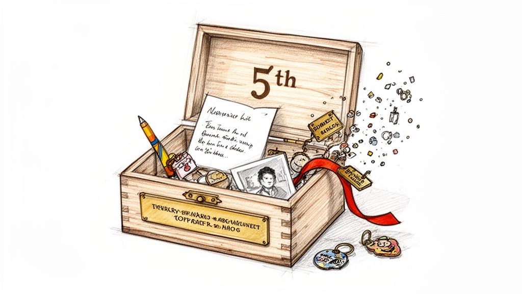 A wooden memory box with nostalgic keepsakes like a photo, note, and pencil, celebrating a 5th anniversary.