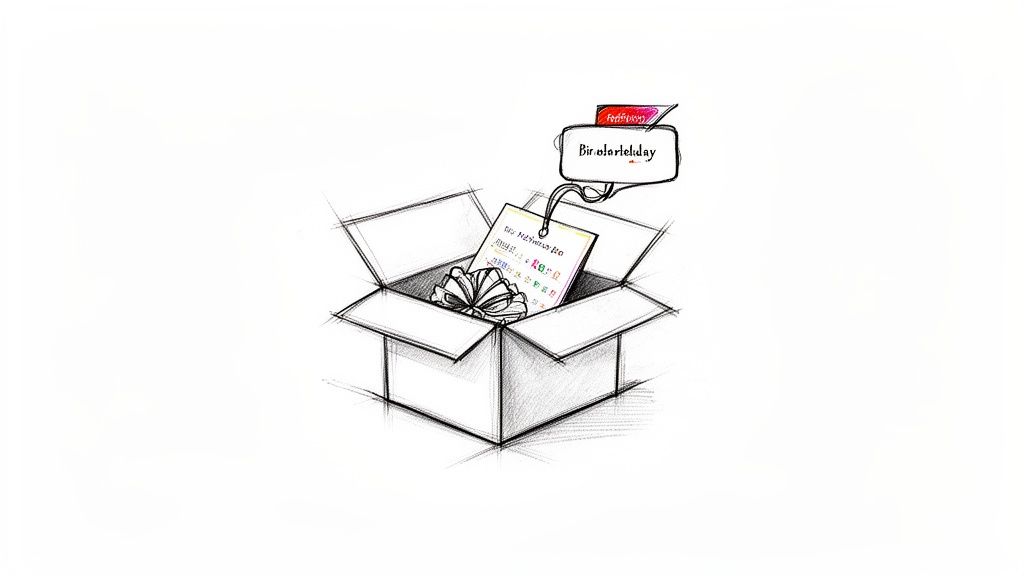 A black and white sketch of an open gift box with a birthday card and ribbon inside.