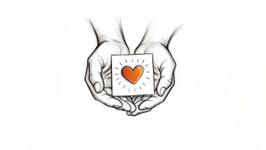 A pencil sketch of cupped hands holding a glowing orange heart on a square paper.