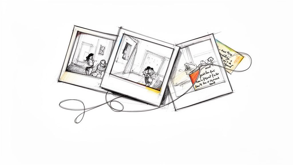 Hand-drawn polaroid pictures showing a couple, connected by a line, and a gift with handwritten notes.