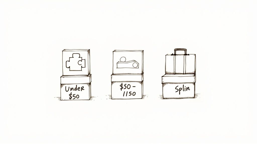 Three gift category stacks with price ranges: Under $50, $50-1150, and Splin.