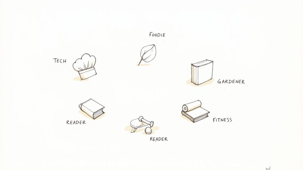 Hand-drawn diagram with icons and labels depicting various hobbies like tech, foodie, reader, and fitness.