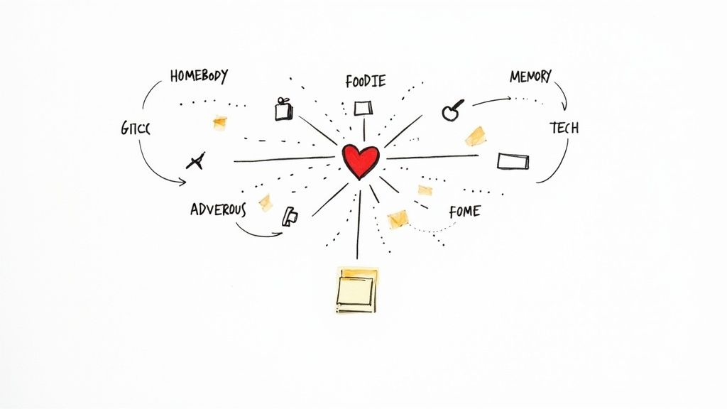 A hand-drawn mind map with a red heart at the center, connected to various concepts and icons.