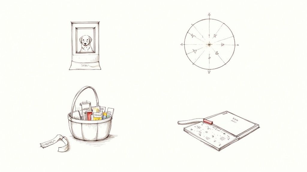 Four detailed sketches on a white background, including a puppy photo, a compass, a basket of items, and an open book.